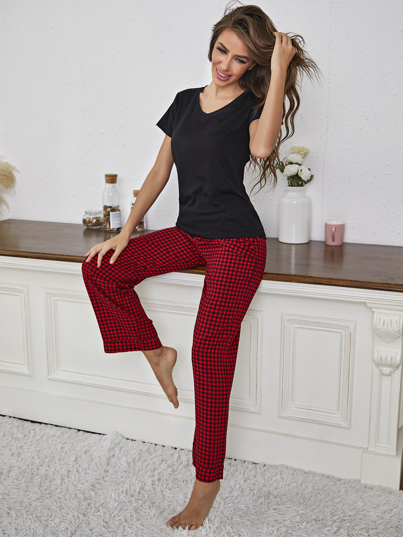 V-Neck Top and Gingham Pants Lounge Set - The Boutie Shop