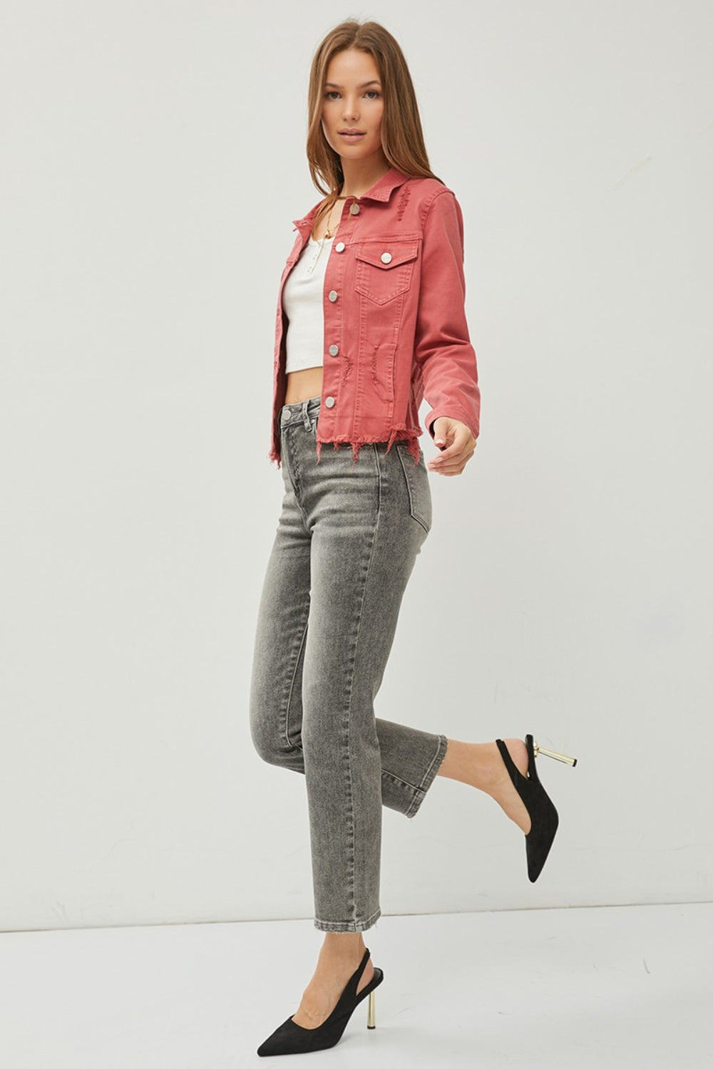 RISEN Raw Hem Button Up Cropped Denim Jacket - The Boutie Shop