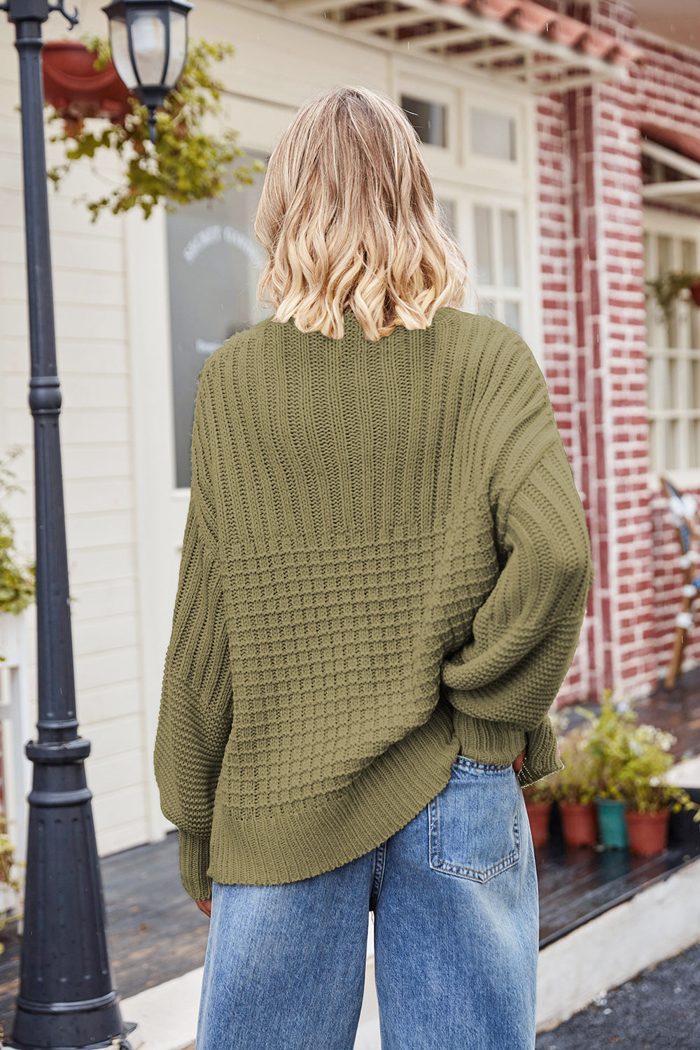 Ribbed Drop Shoulder Lantern Sleeve Sweater - The Boutie Shop