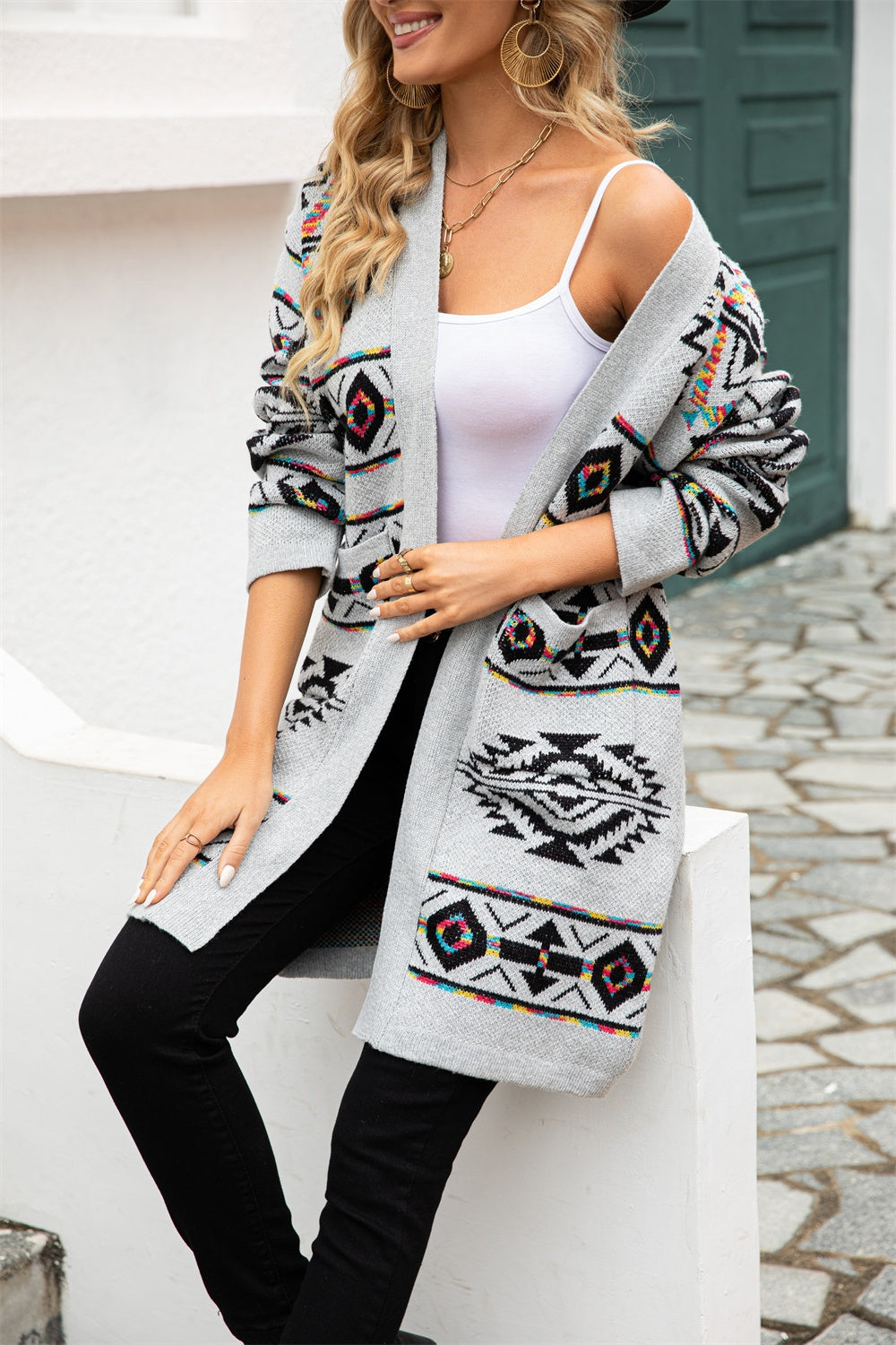 Angel Wings Pocketed Geometric Open Front Dropped Shoulder Cardigan - The Boutie Shop