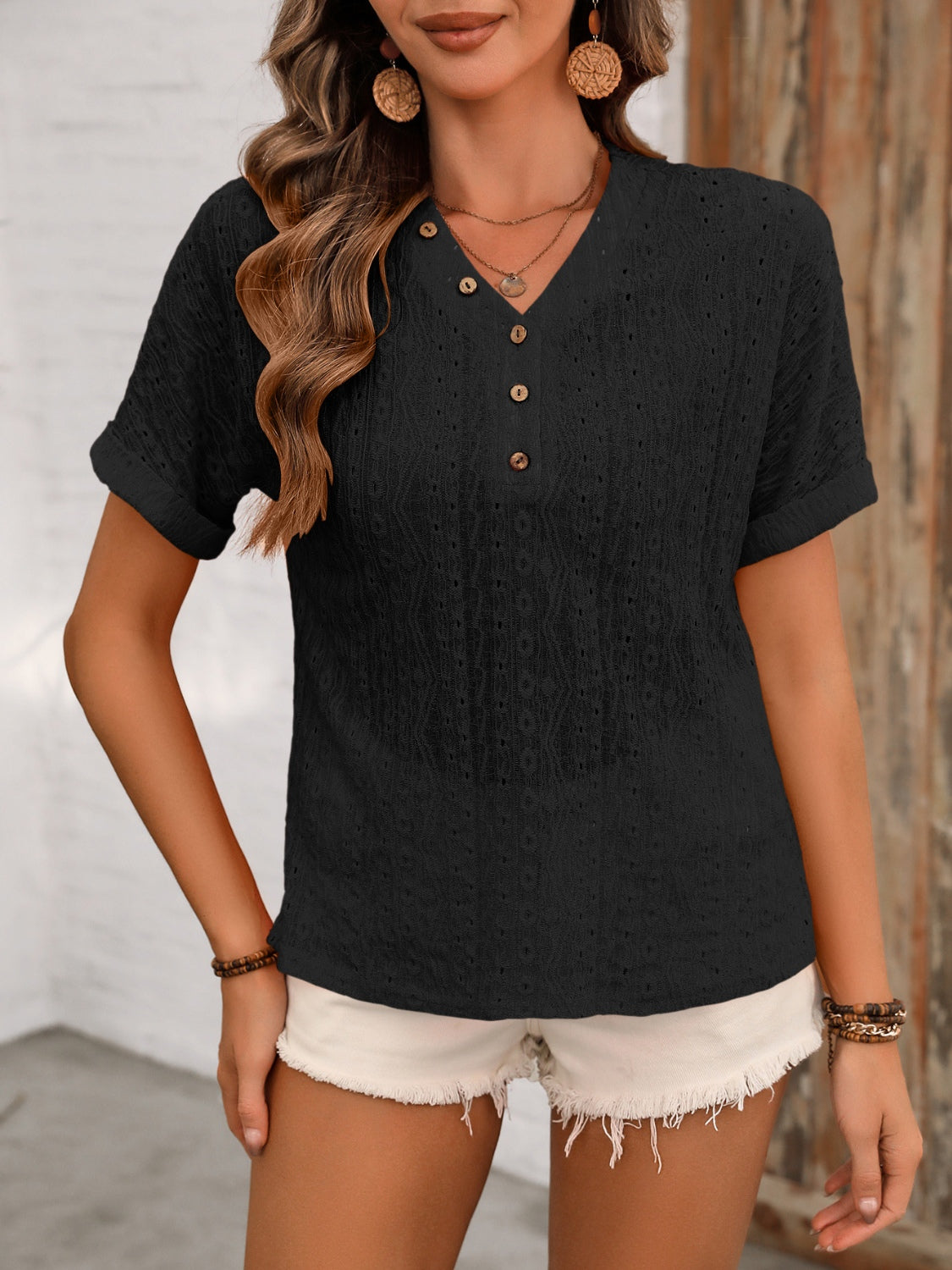 Ivy Lane Eyelet V-Neck Short Sleeve Top - The Boutie Shop