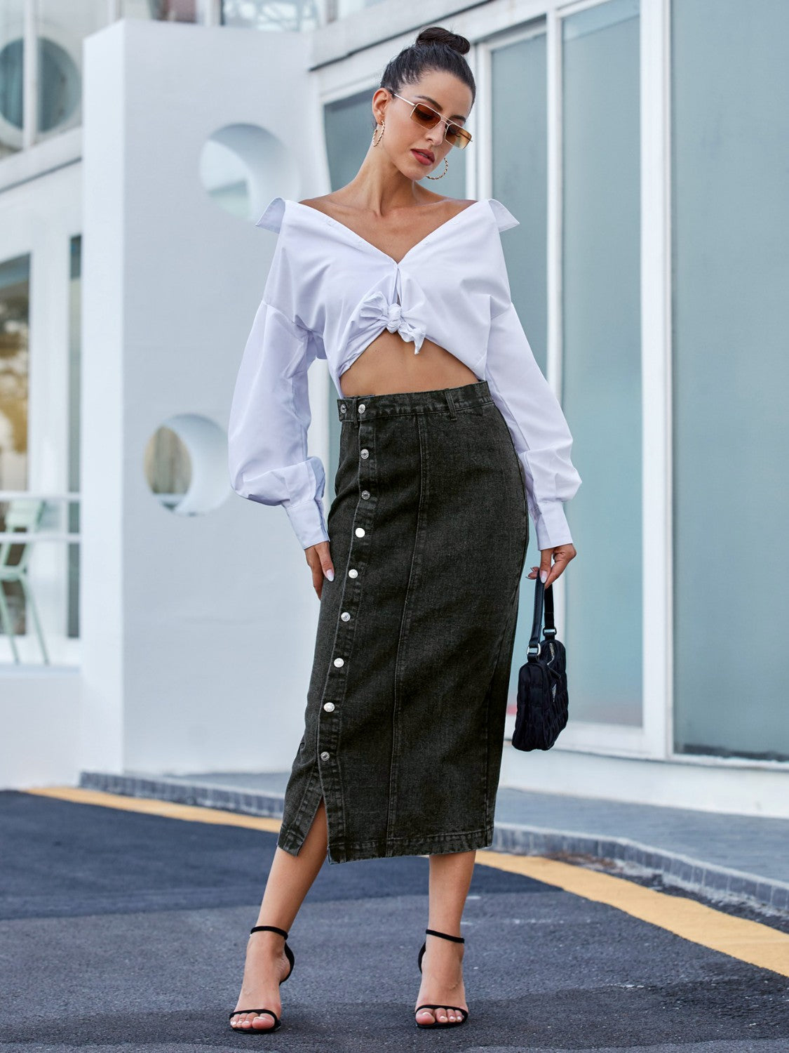 Button Down Denim Skirt - The Boutie Shop