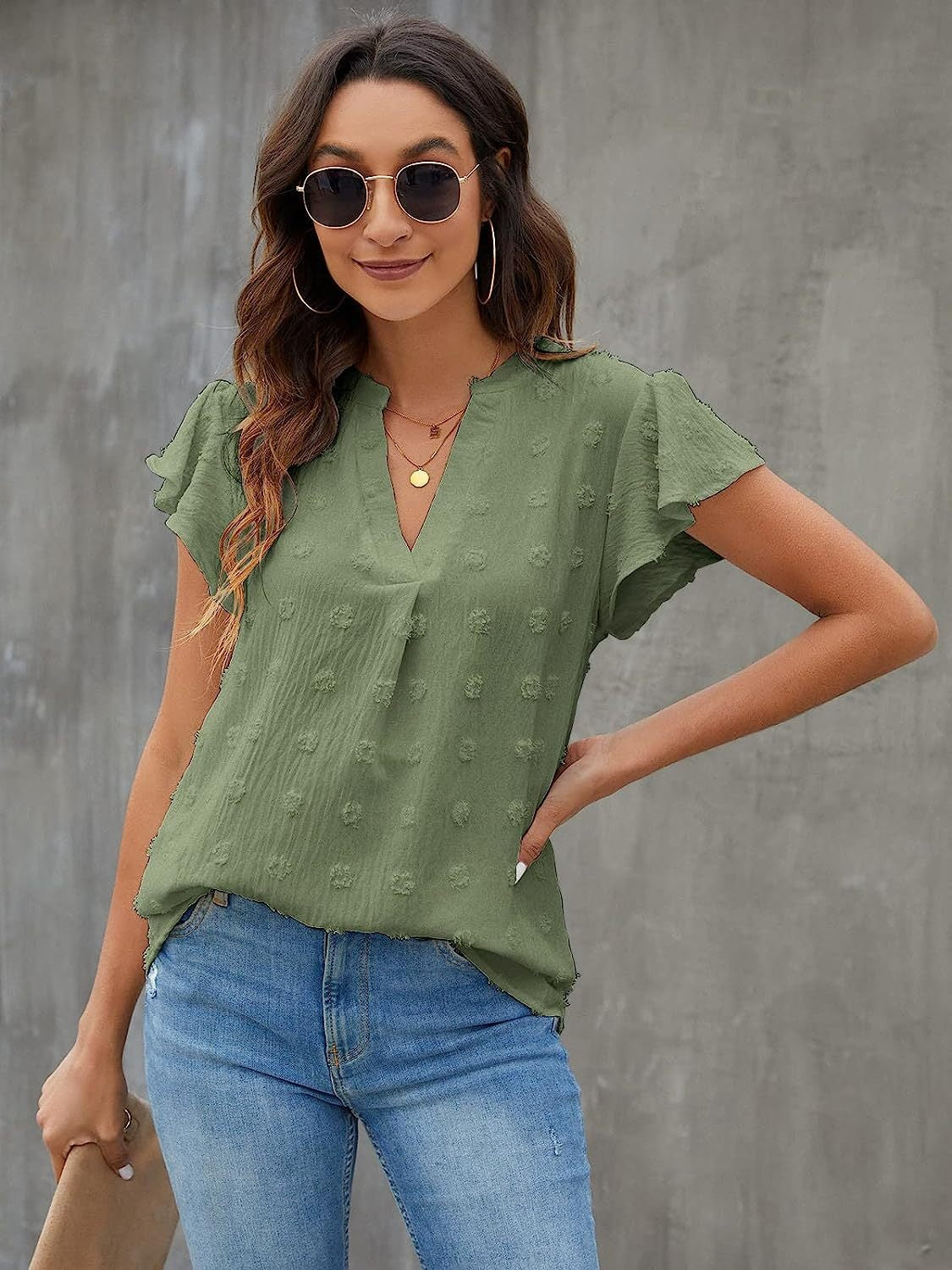 Swiss Dot Notched Cap Sleeve Blouse - The Boutie Shop