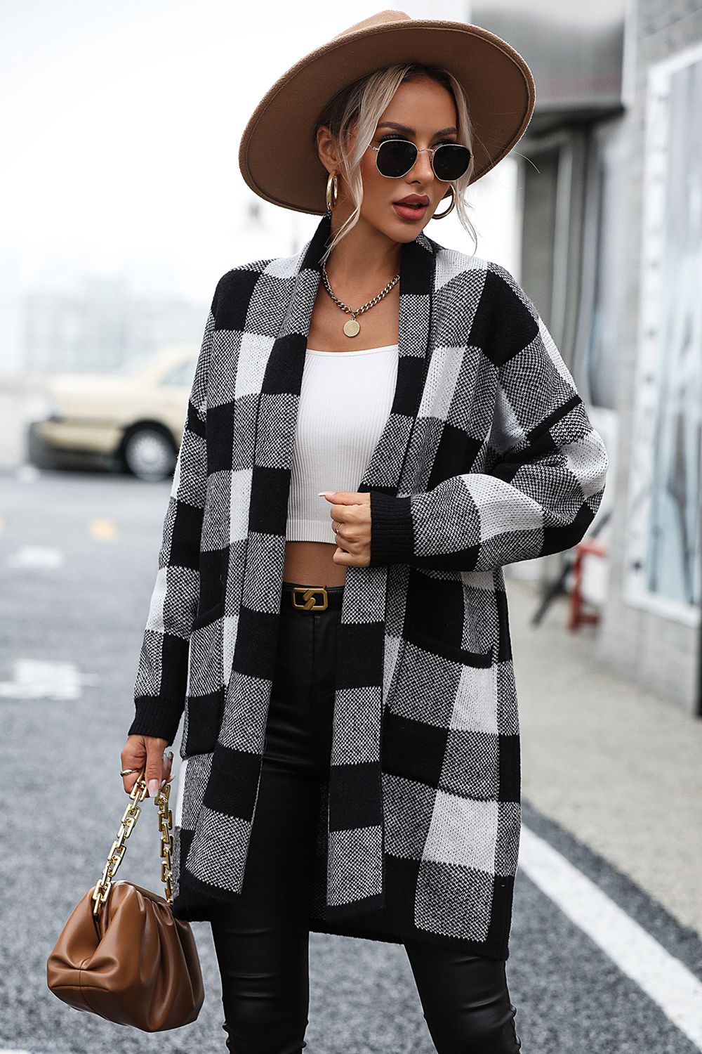 Plaid Dropped Shoulder Cardigan with Pocket - The Boutie Shop