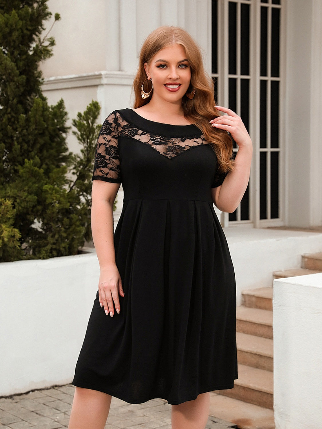 Plus Size Ruched Round Neck Short Sleeve Dress - The Boutie Shop