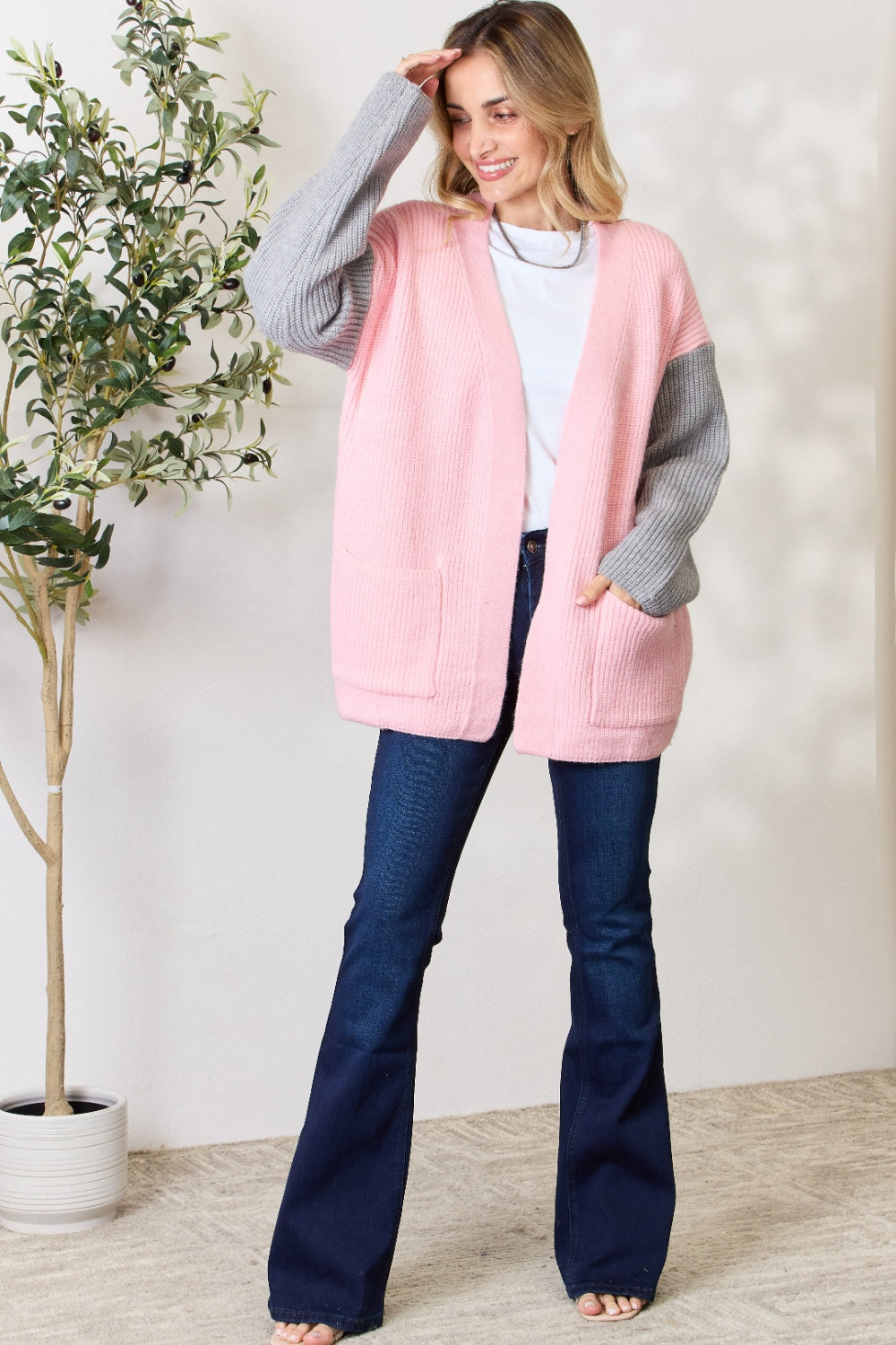 BiBi Contrast Open Front Cardigan with Pockets - The Boutie Shop