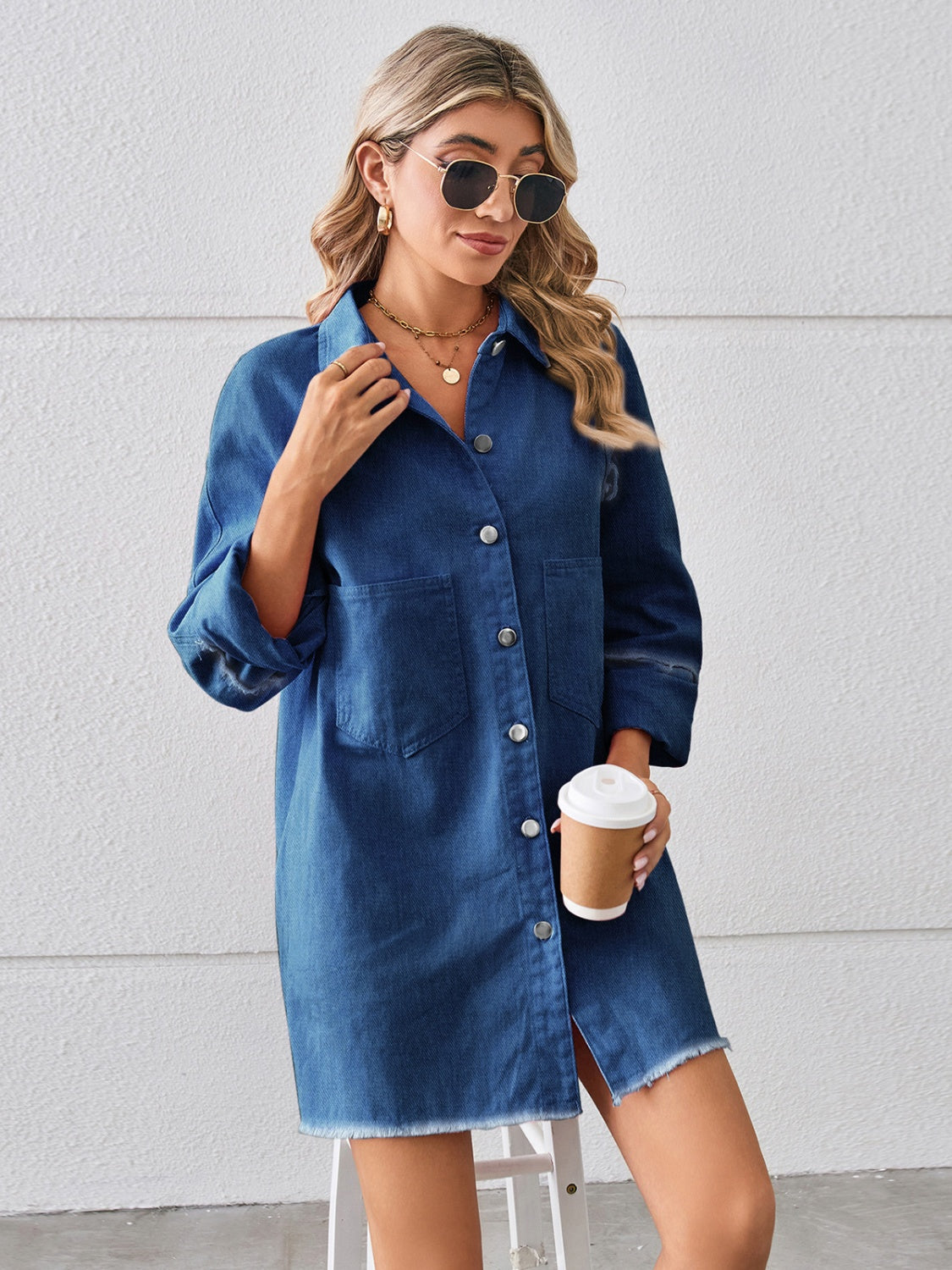 Raw Hem Button Up Denim Dress - The Boutie Shop