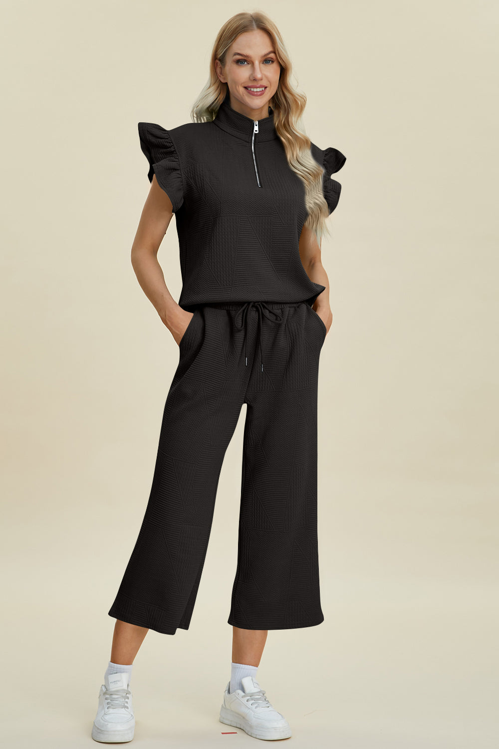 Double Take Full Size Texture Ruffle Short Sleeve Top and Wide Leg Pants Set - The Boutie Shop