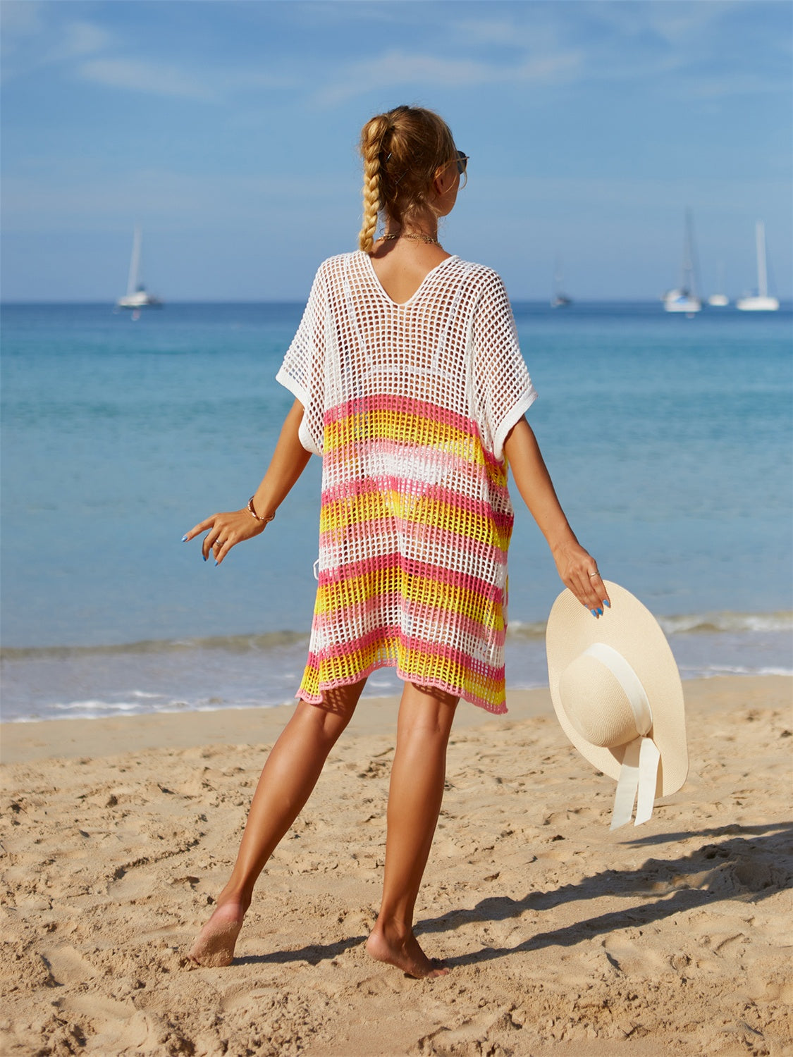 Angel Wings Cutout Striped Cover-Up with Tassel - The Boutie Shop