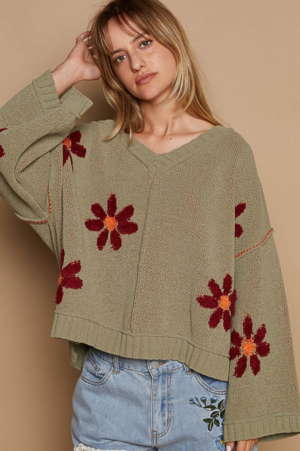 POL V-Neck Floral Pattern Chenille Sweater - The Boutie Shop