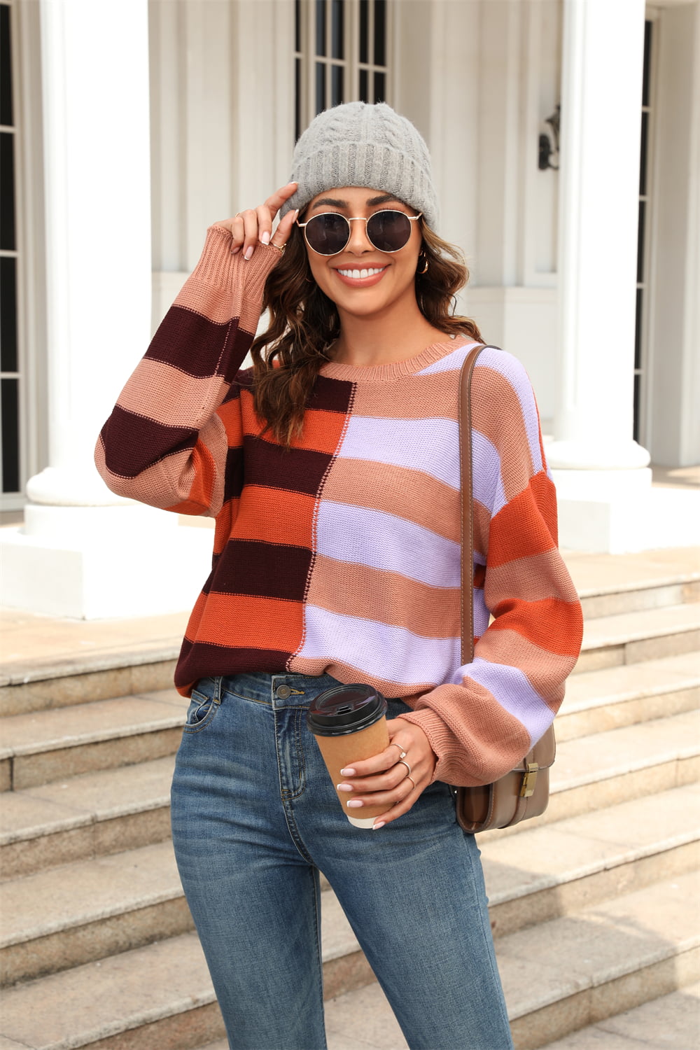 Angel Wings Round Neck Long Sleeve Color Block Dropped Shoulder Pullover Sweater - The Boutie Shop