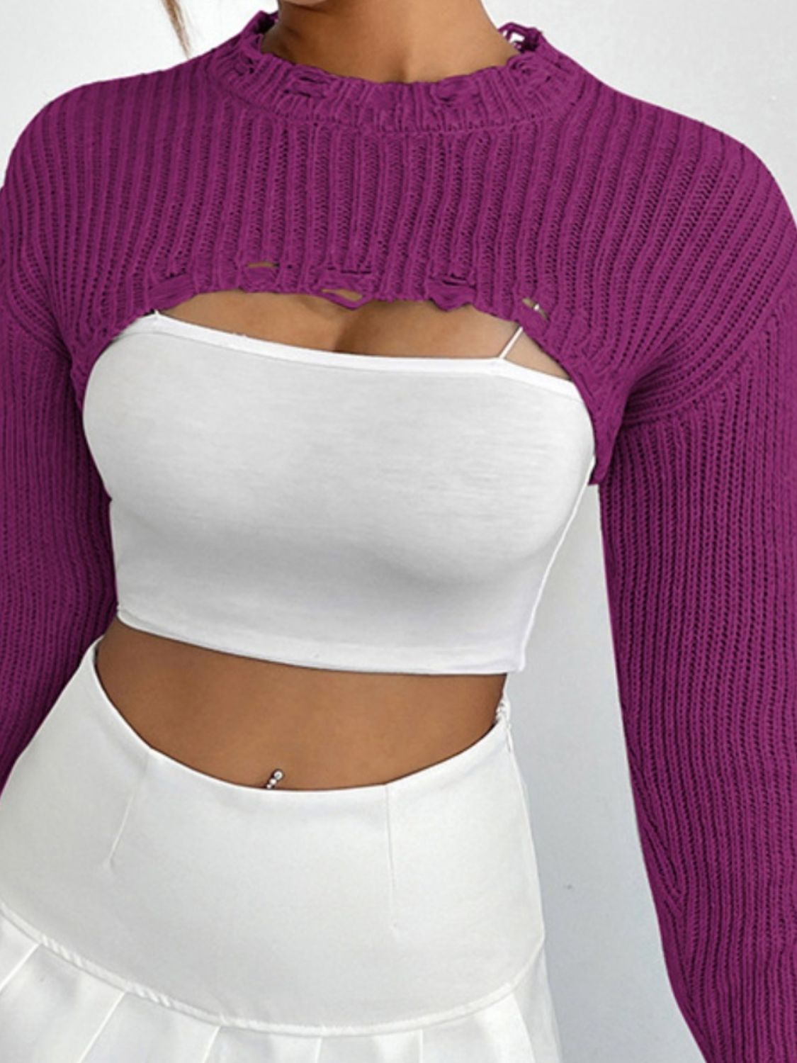 Distressed Long Sleeve Cropped Sweater - The Boutie Shop