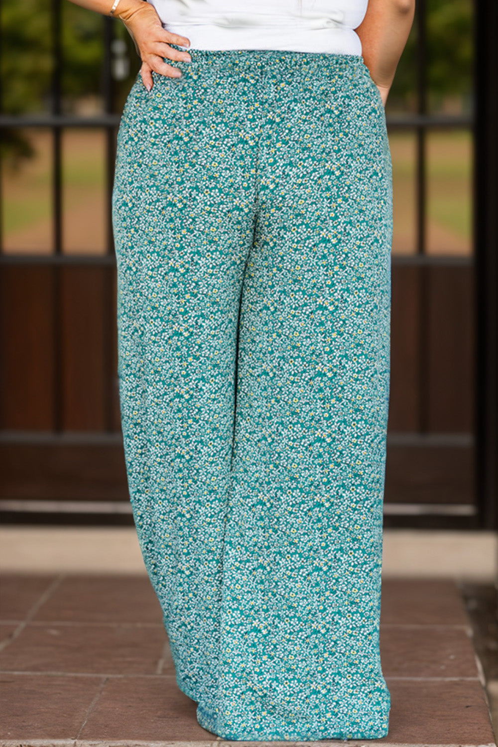 Plus Size Ditsy Floral Wide Lag Pants - The Boutie Shop