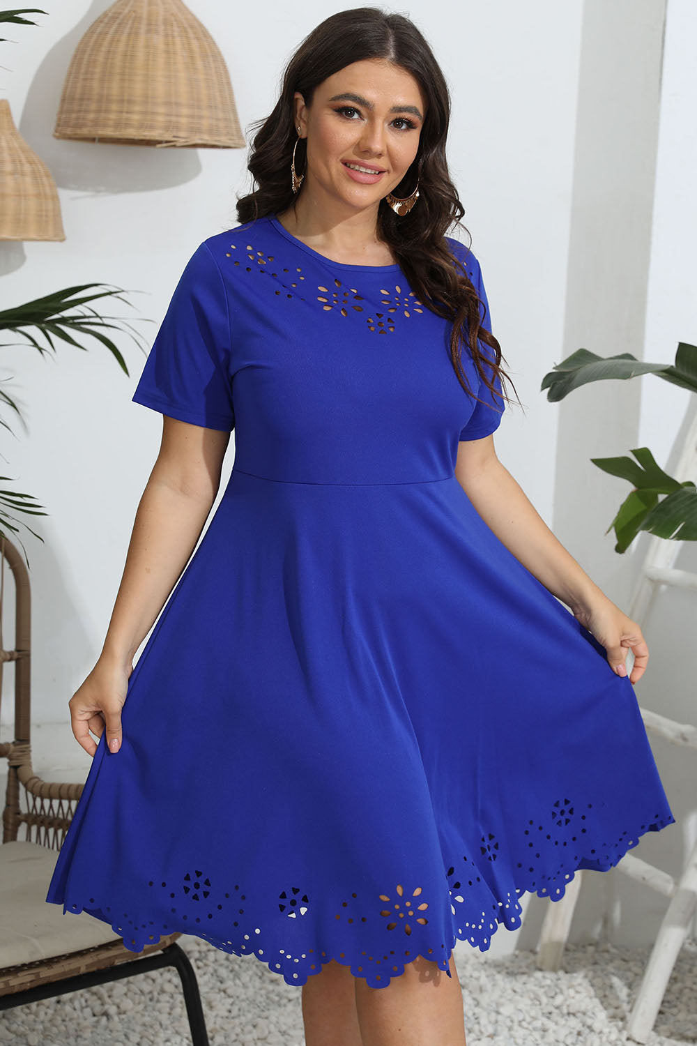 Plus Size Round Neck Openwork Dress - The Boutie Shop