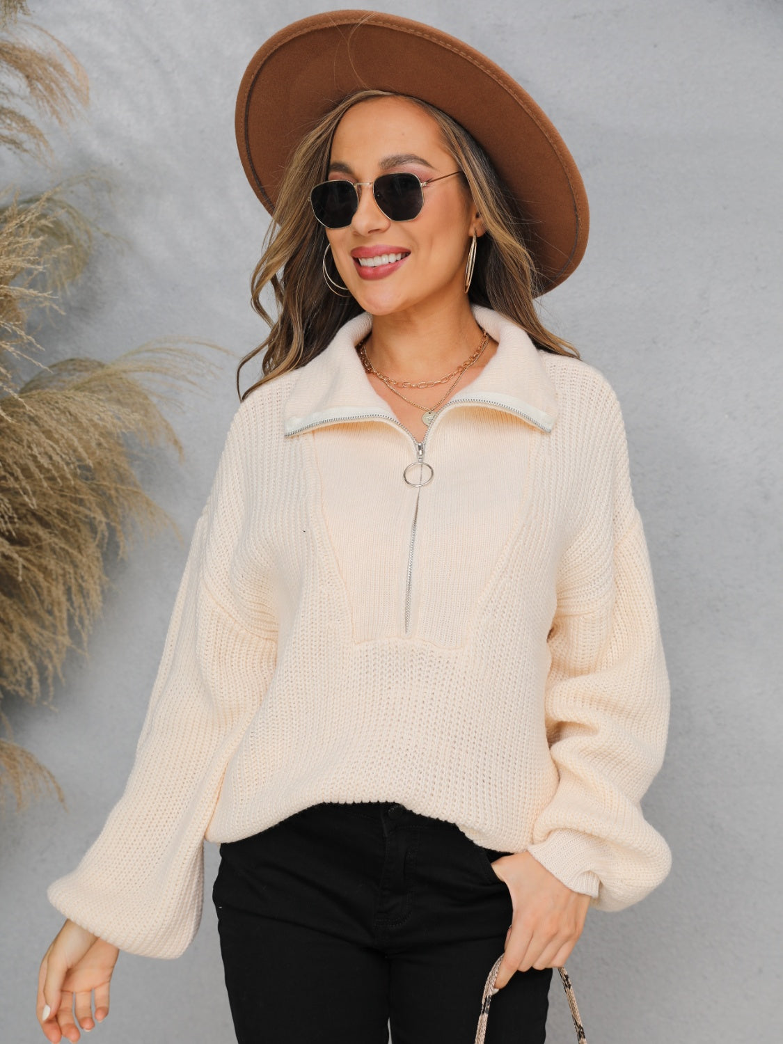 Angel Wings Half Zip Dropped Shoulder Sweater - The Boutie Shop