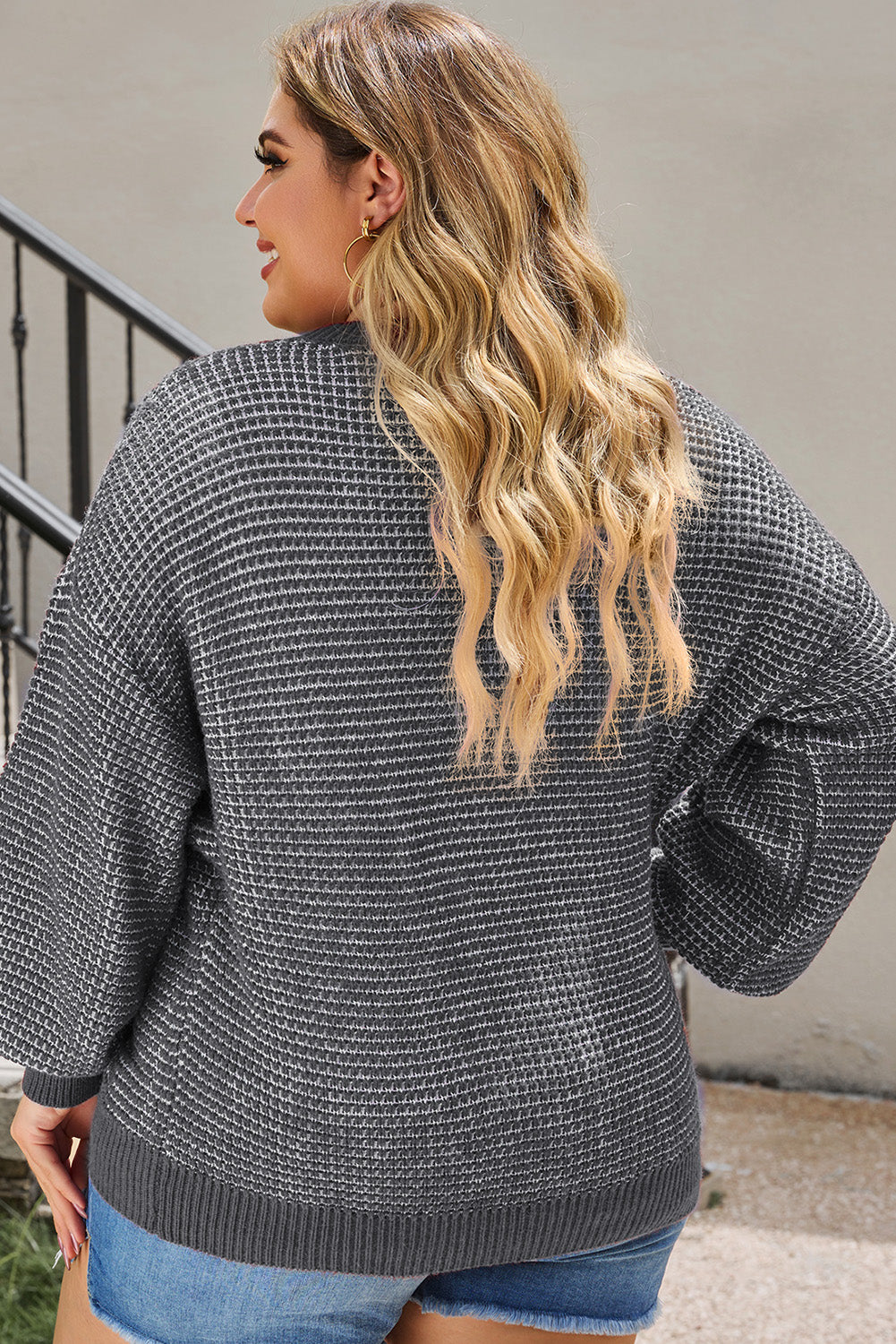 Plus Size Waffle-Knit Round Neck Dropped Shoulder Sweater - The Boutie Shop