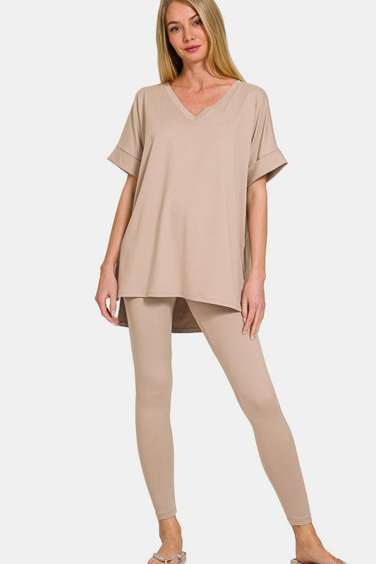 Zenana Full Size V-Neck Rolled Short Sleeve T-Shirt and Leggings Lounge Set - The Boutie Shop