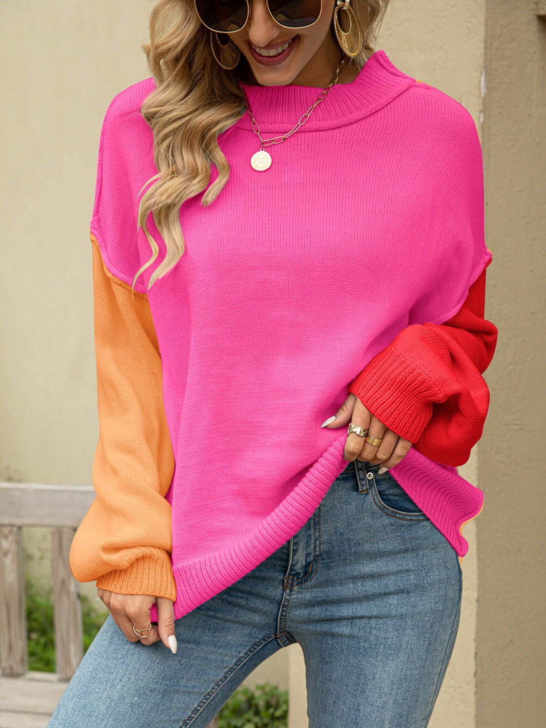 Angel Wings Color Block Dropped Shoulder Sweater - The Boutie Shop