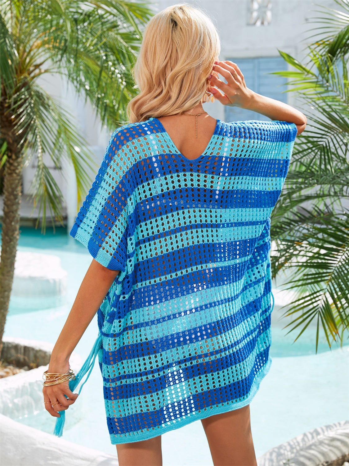 Angel Wings Tassel Openwork Striped V-Neck Cover Up - The Boutie Shop