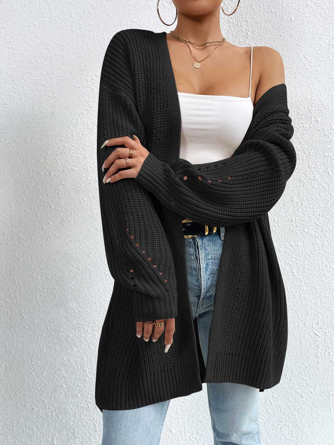 Open Front Dropped Shoulder Slit Cardigan - The Boutie Shop