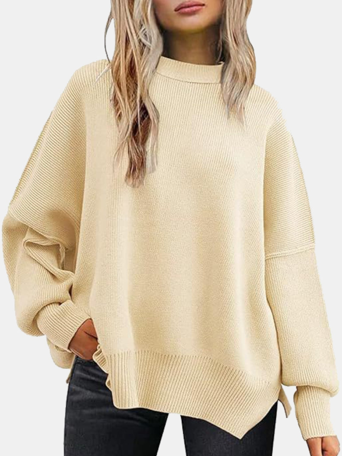 Round Neck Drop Shoulder Slit Sweater - The Boutie Shop