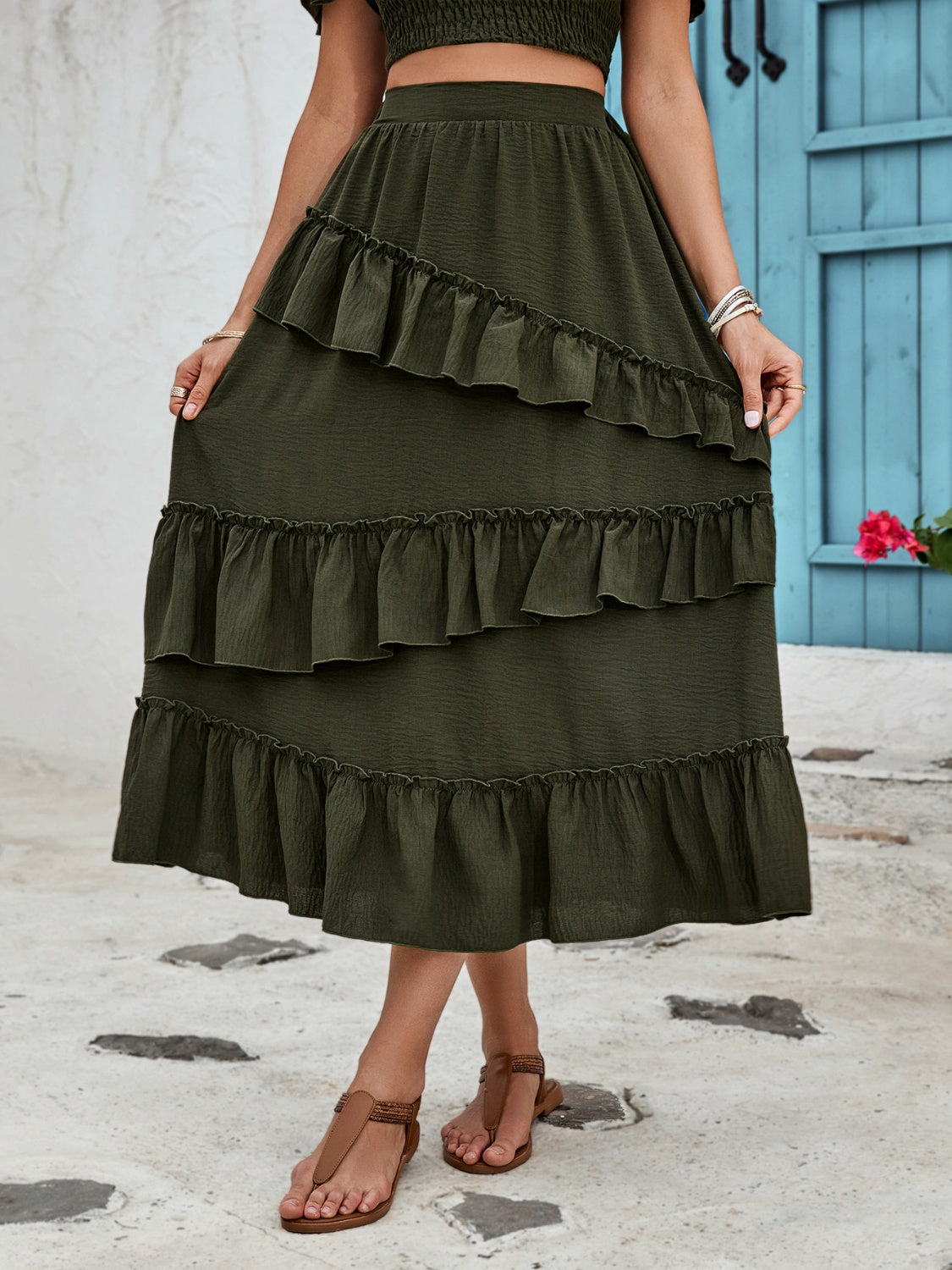 Honey Ruffled Elastic Waist Midi Skirt - The Boutie Shop