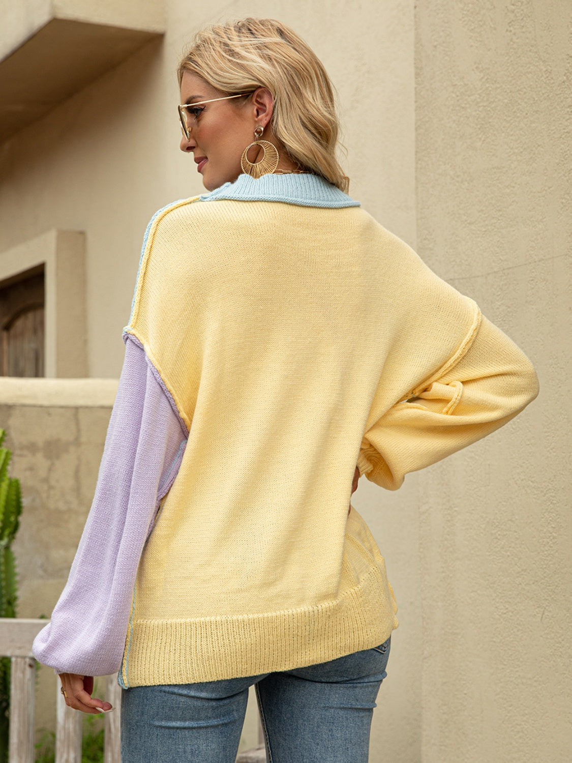 Angel Wings Color Block Dropped Shoulder Sweater - The Boutie Shop