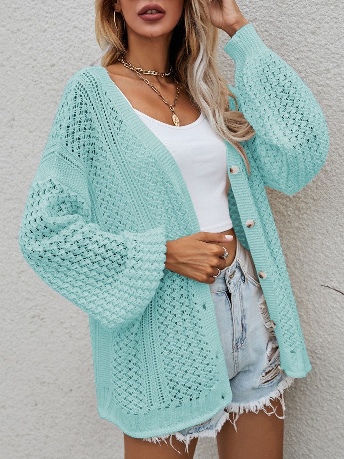 Openwork Button Front Cardigan - The Boutie Shop