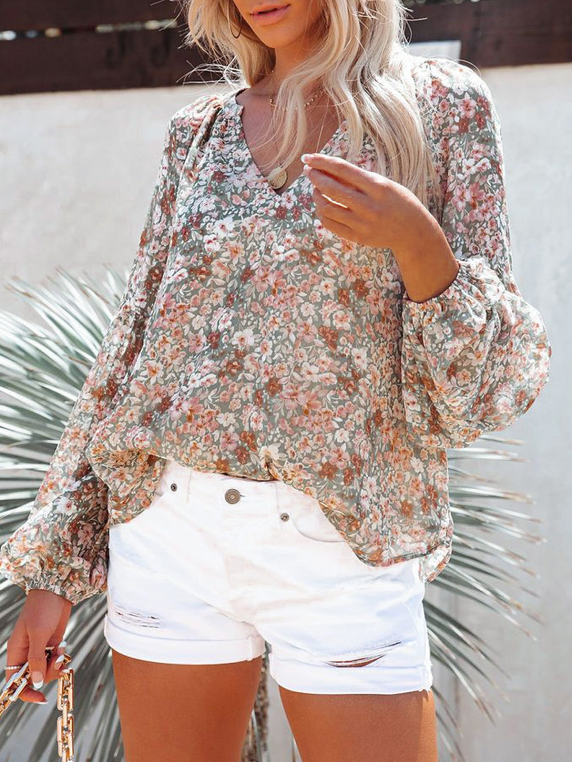 Floral Notched Balloon Sleeve Blouse - The Boutie Shop