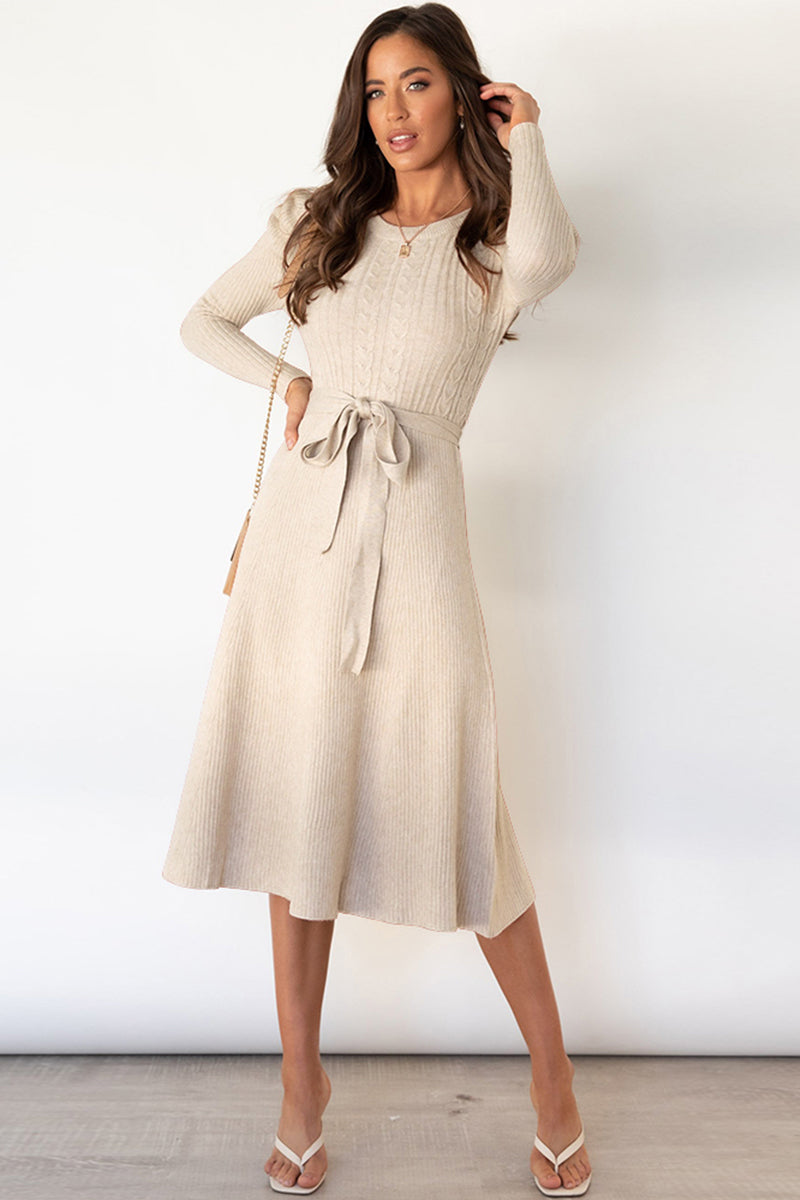 Round Neck Long Sleeve Tie Waist Sweater Dress - The Boutie Shop