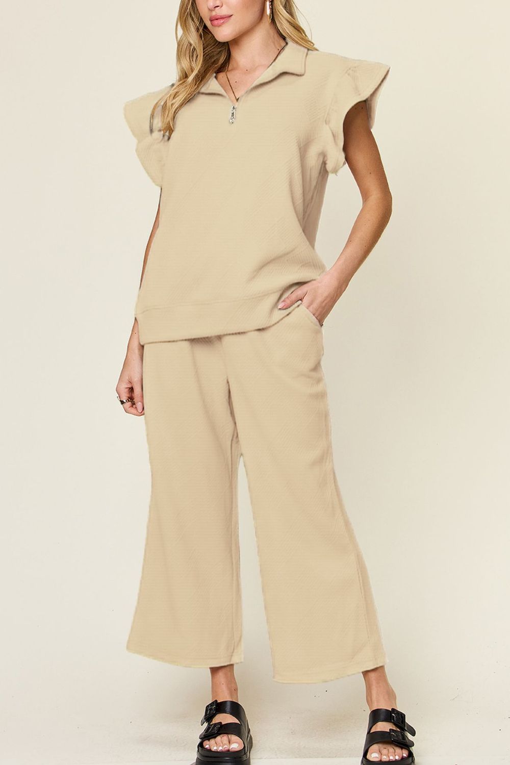 Double Take Texture Ruffle Short Sleeve Top and Drawstring Wide Leg Pants Set - The Boutie Shop