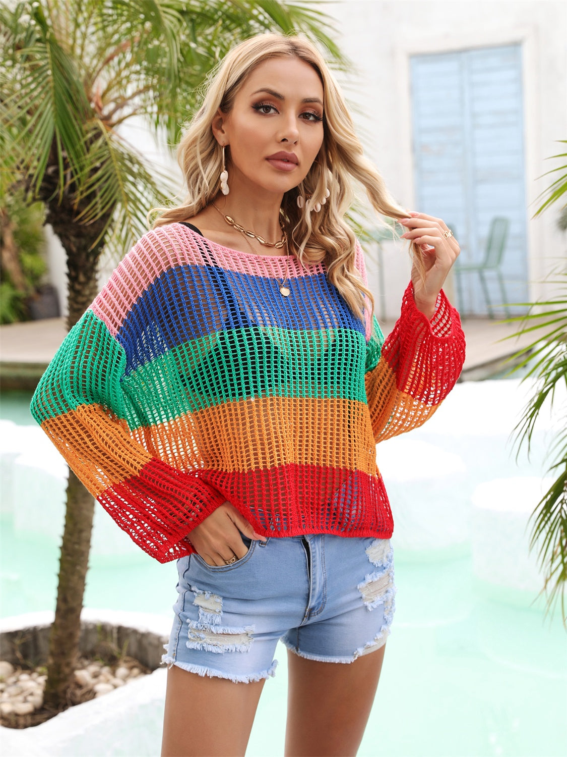 Angel Wings Color Block Openwork Boat Neck Cover Up - The Boutie Shop