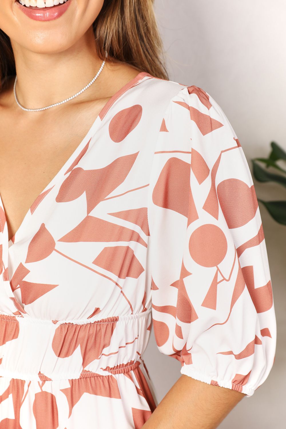 Printed Surplice Balloon Sleeve Dress - The Boutie Shop