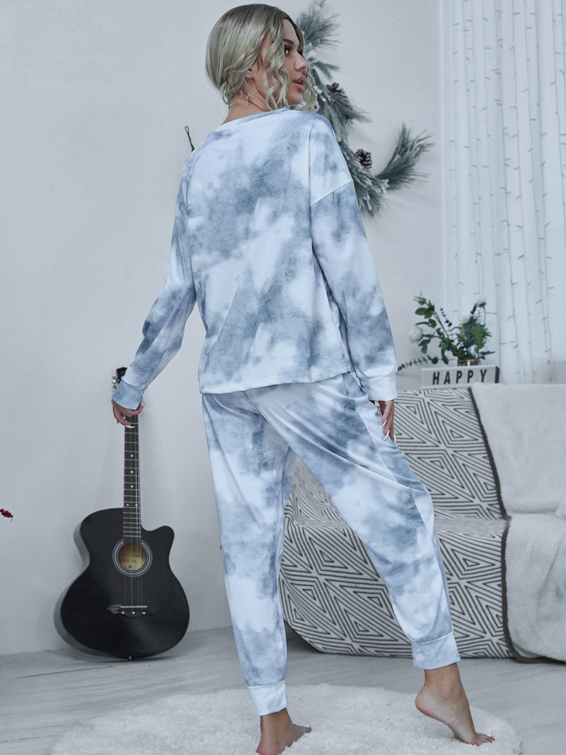 Shiny Tie-dye Round Neck Top and Drawstring Pants Lounge Set - The Boutie Shop