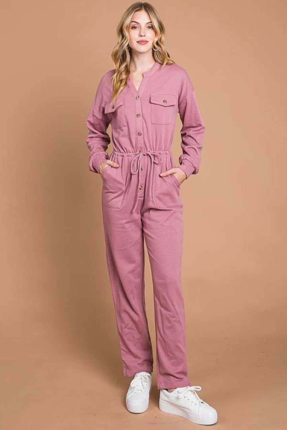 Culture Code Full Size Button Up Drawstring Waist Straight Jumpsuit - The Boutie Shop