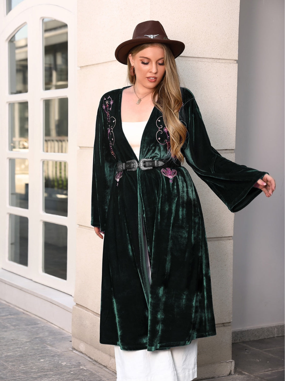 Plus Size Printed Open Front Long Sleeve Cardigan - The Boutie Shop