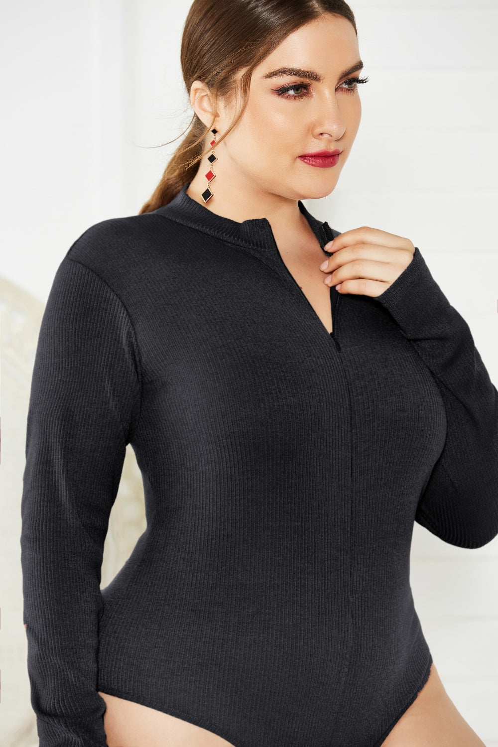 Plus Size Zip Up Long Sleeve Bodysuit - The Boutie Shop