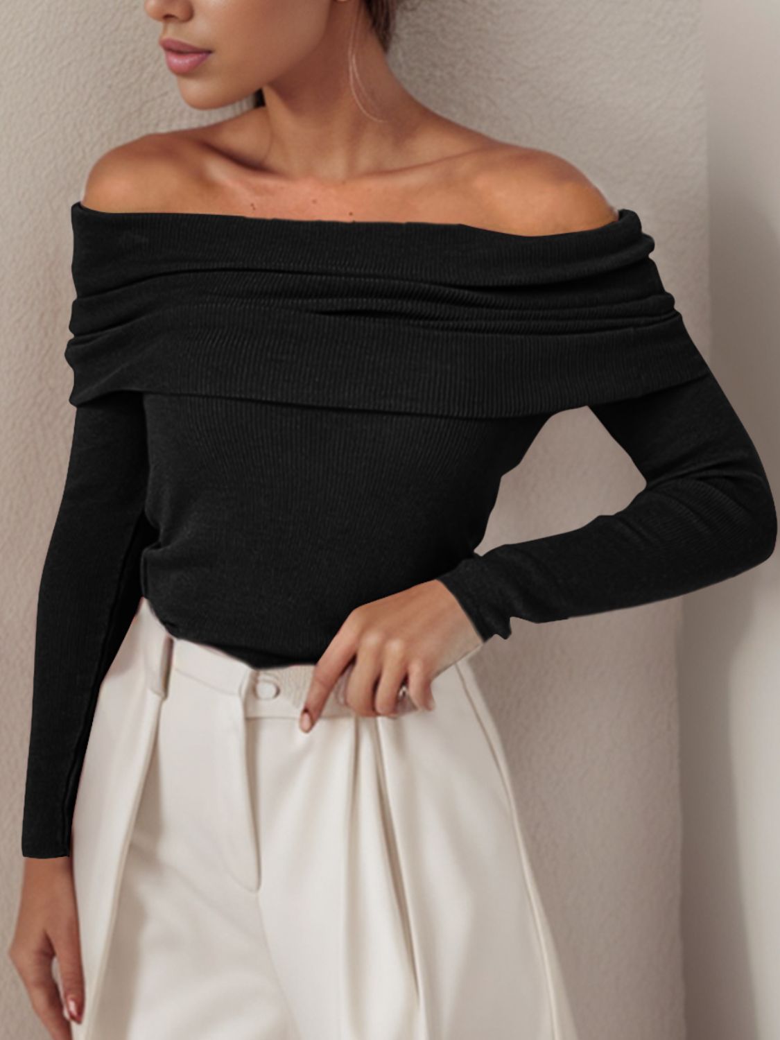 Off-Shoulder Long Sleeve Sweater - The Boutie Shop