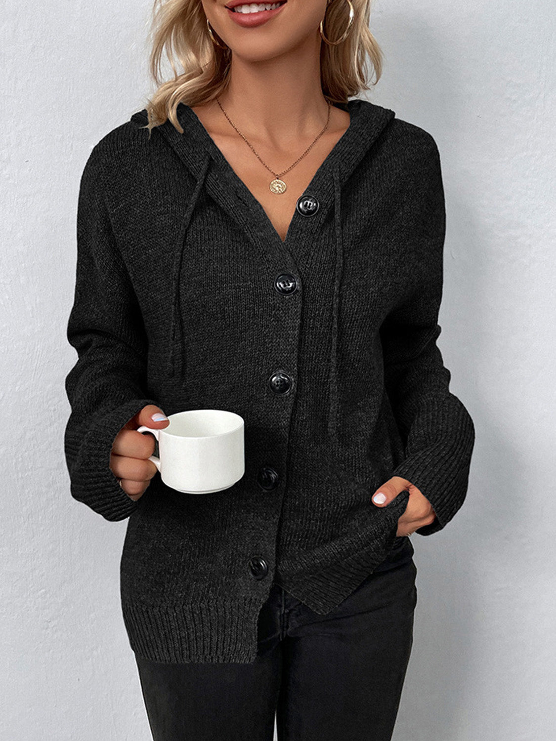 Drawstring Button Up Hooded Cardigan - The Boutie Shop