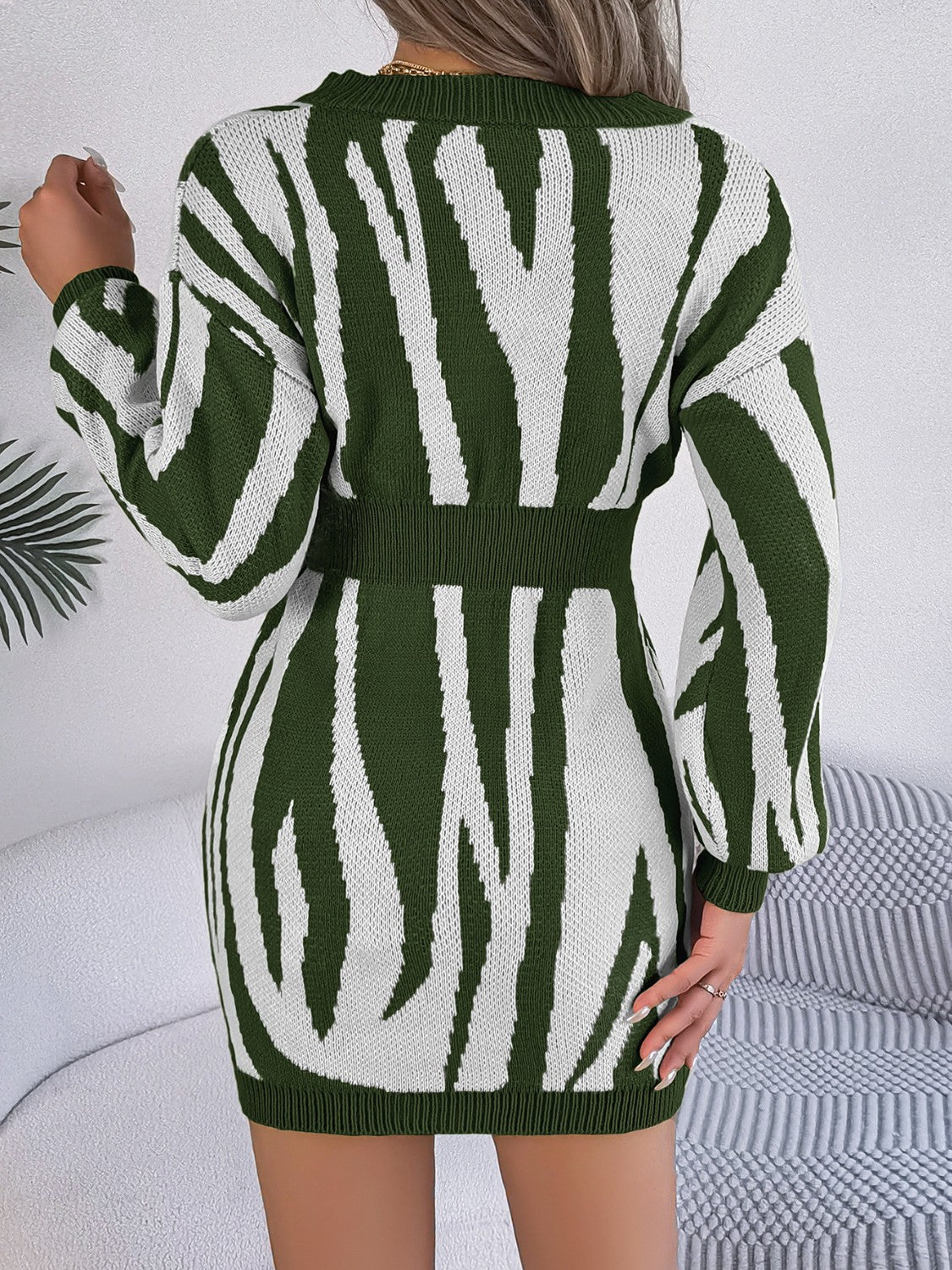 Animal Print V-Neck Long Sleeve Sweater Dress - The Boutie Shop