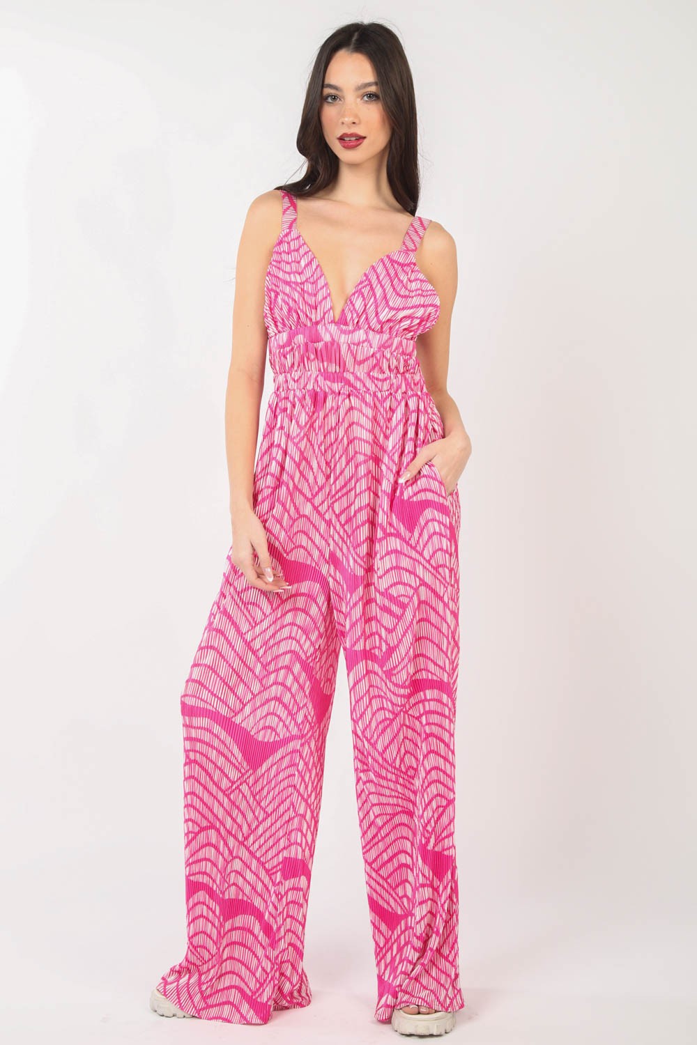 VERY J Printed Pleated Sleeveless Wide Leg Jumpsuit - The Boutie Shop