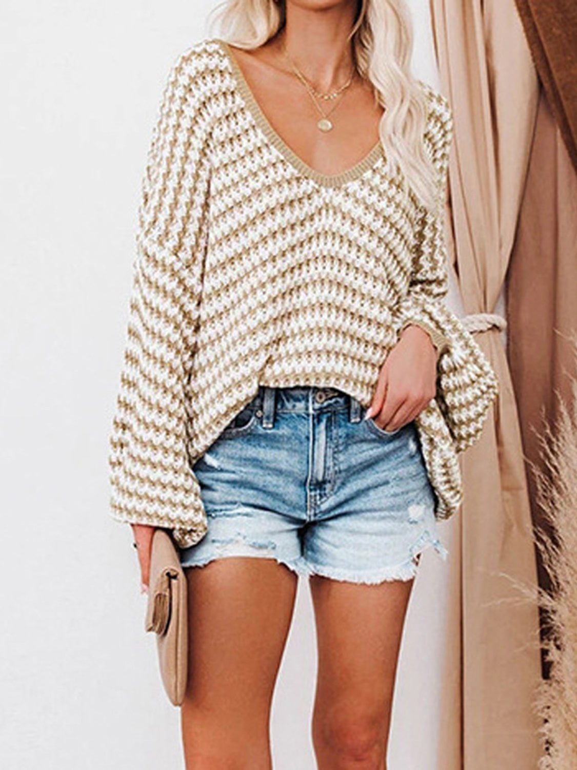 Striped Drop Shoulder V-Neck Sweater - The Boutie Shop