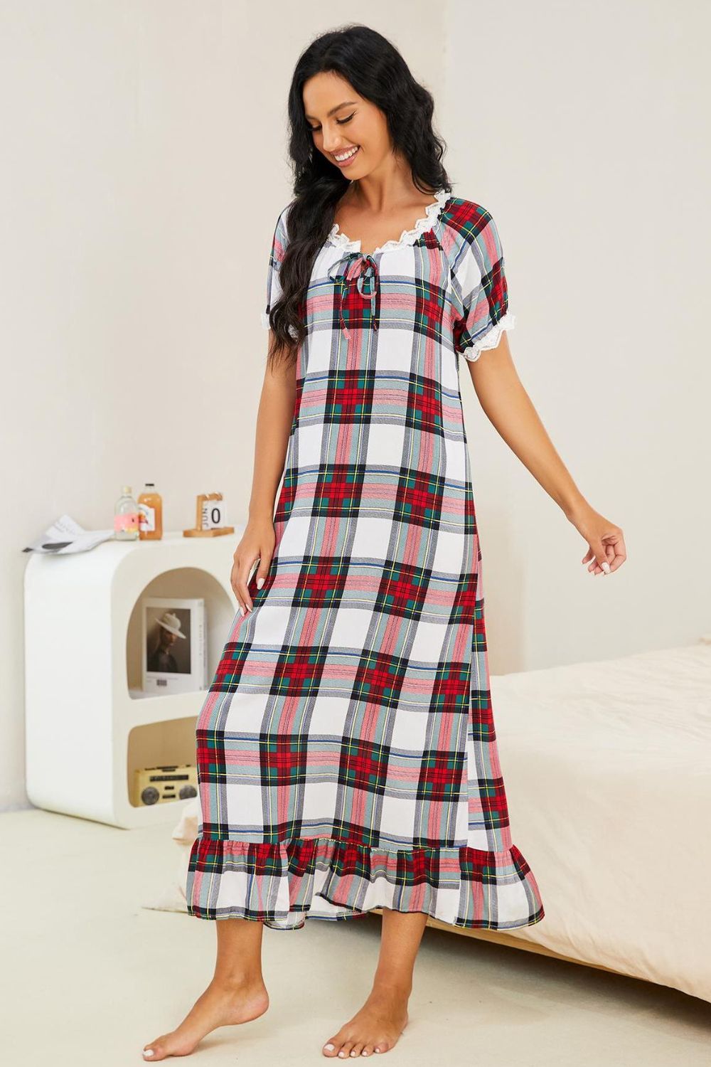 Plaid Lace Trim Ruffle Hem Night Dress - The Boutie Shop