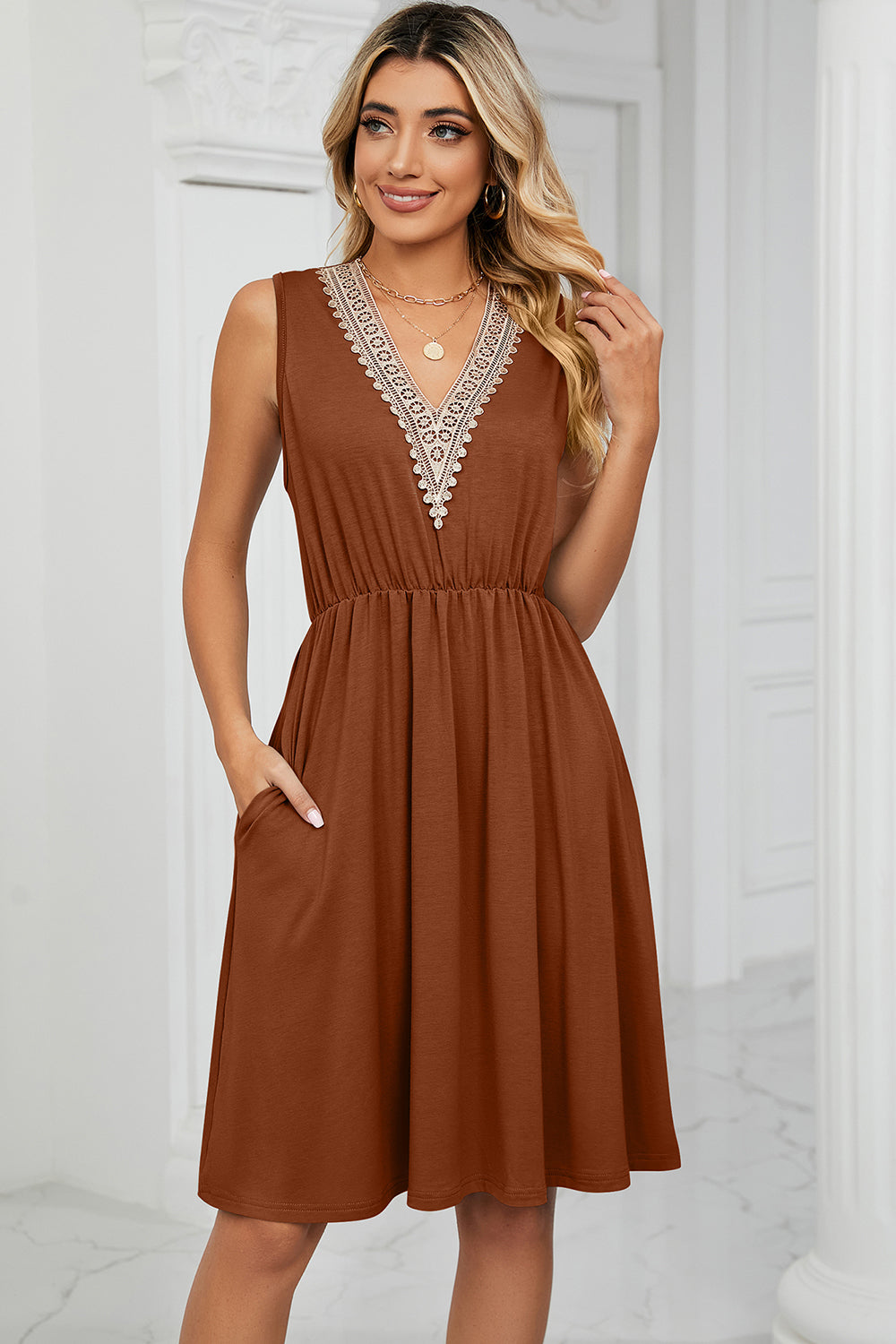 Pocketed V-Neck Wide Strap Dress - The Boutie Shop