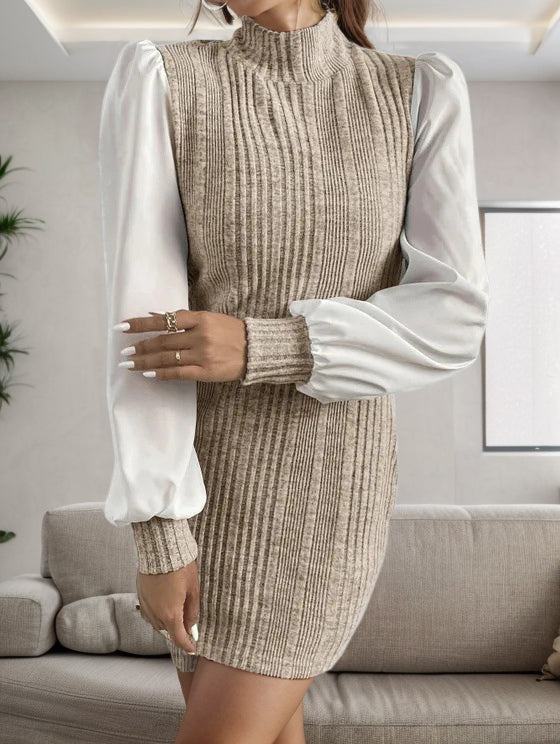 Ribbed Contrast Long Sleeve Sweater Dress - The Boutie Shop