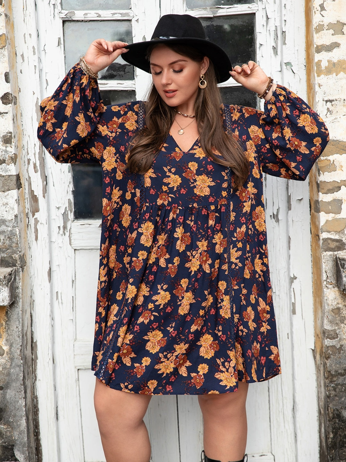 Plus Size Floral V-Neck Balloon Sleeve Dress - The Boutie Shop