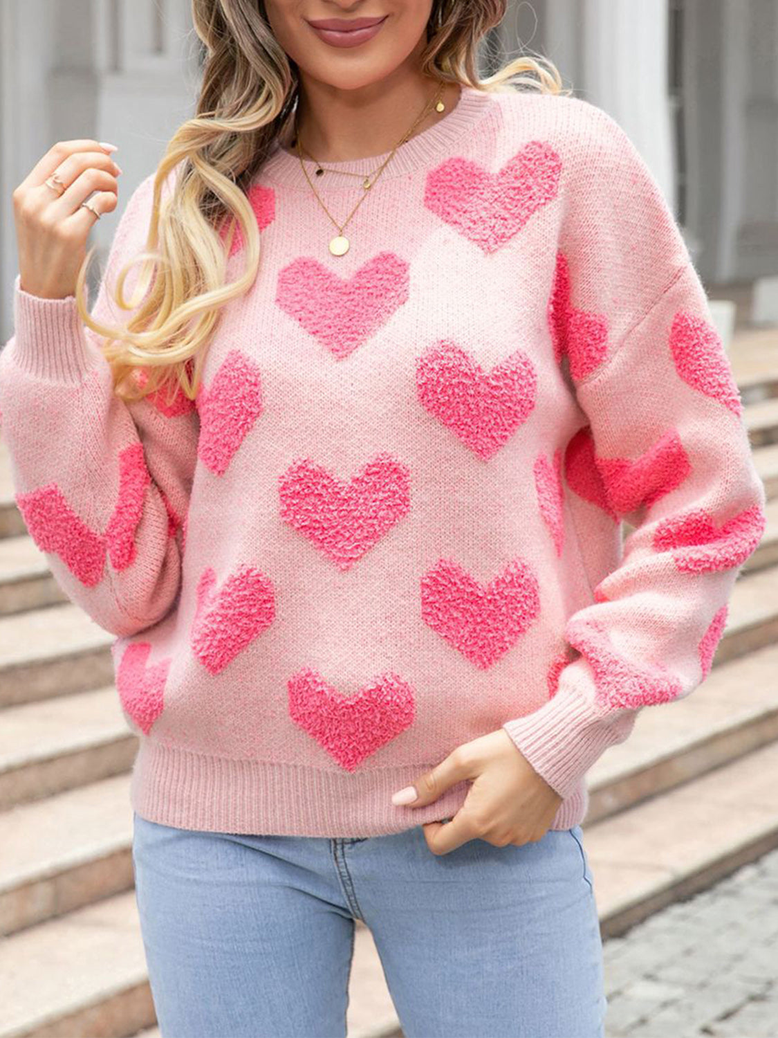 Heart Round Neck Dropped Shoulder Sweater - The Boutie Shop