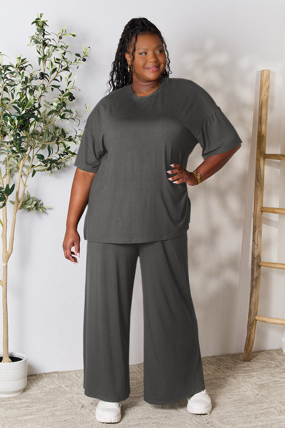 Double Take Full Size Round Neck Slit Top and Pants Set - The Boutie Shop