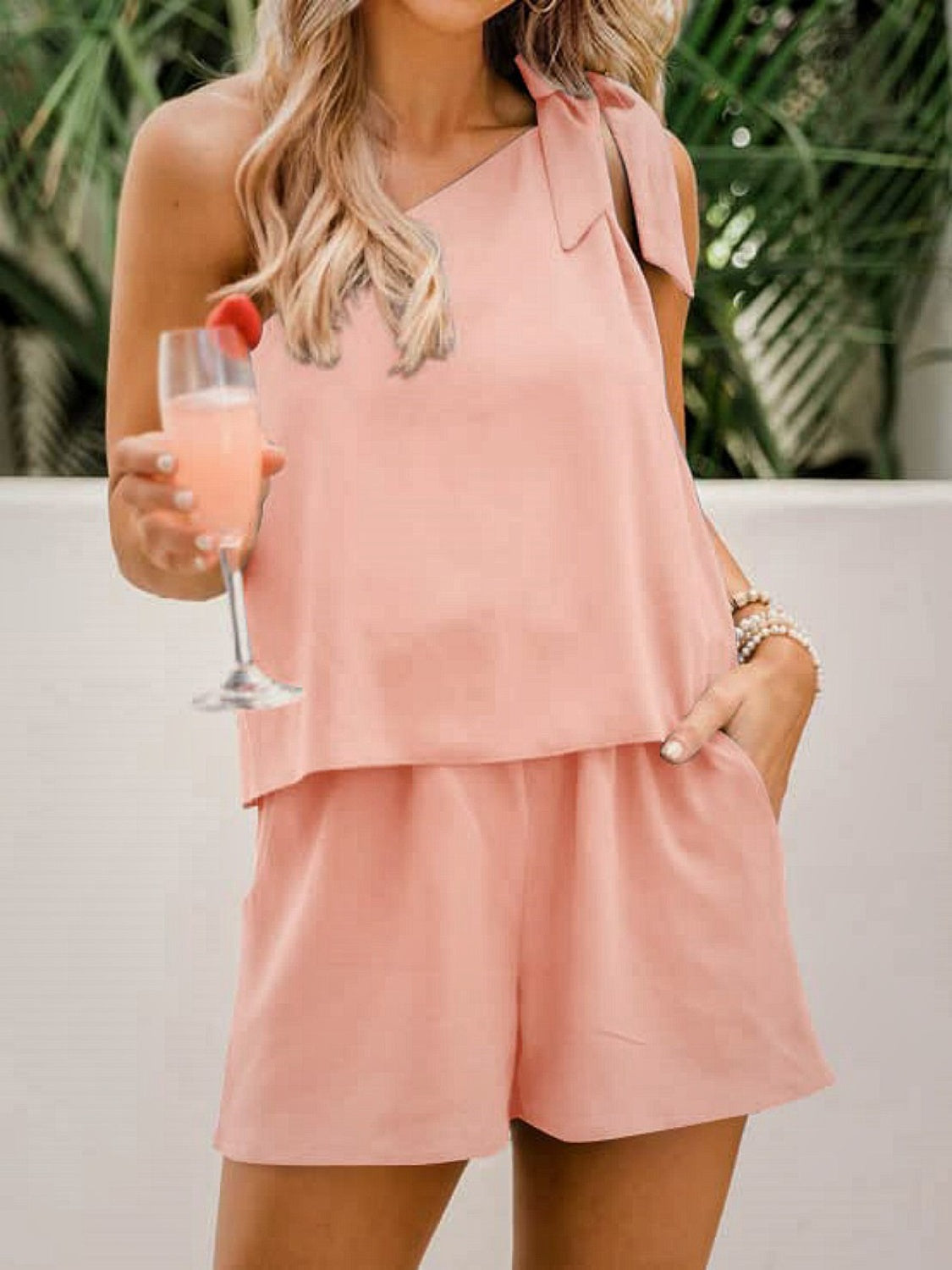 Single Shoulder Top and Pocketed Shorts Set - The Boutie Shop