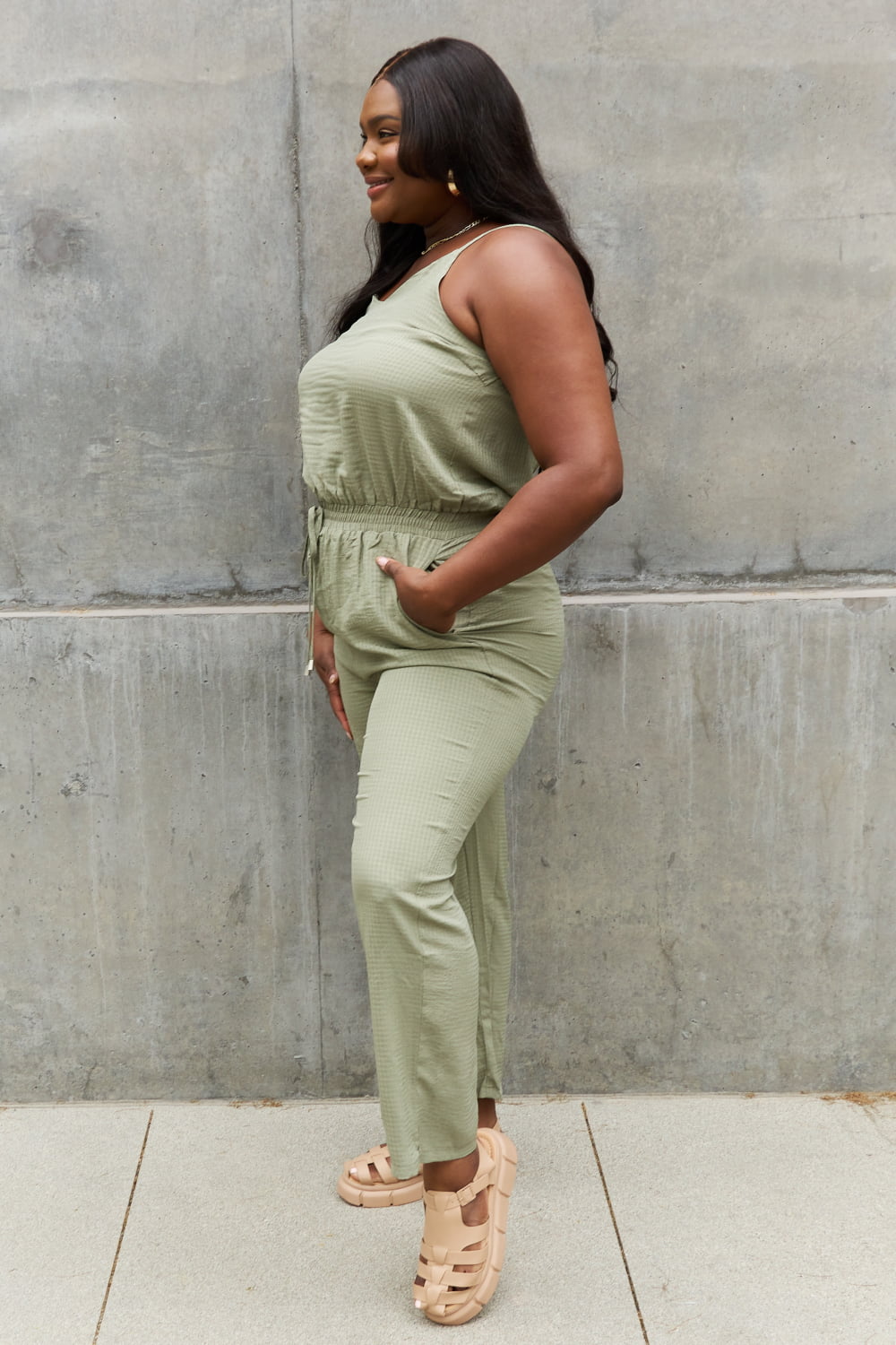 ODDI Full Size Textured Woven Jumpsuit in Sage - The Boutie Shop